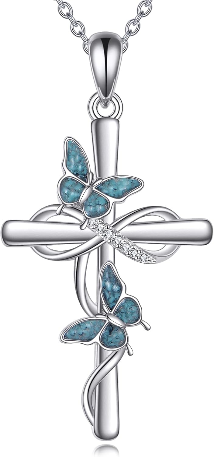 Hummingbird/Butterfly/Blue Jay Necklace Sterling Silver Cross Pendant Bird Insect Jewelry Gifts for Women