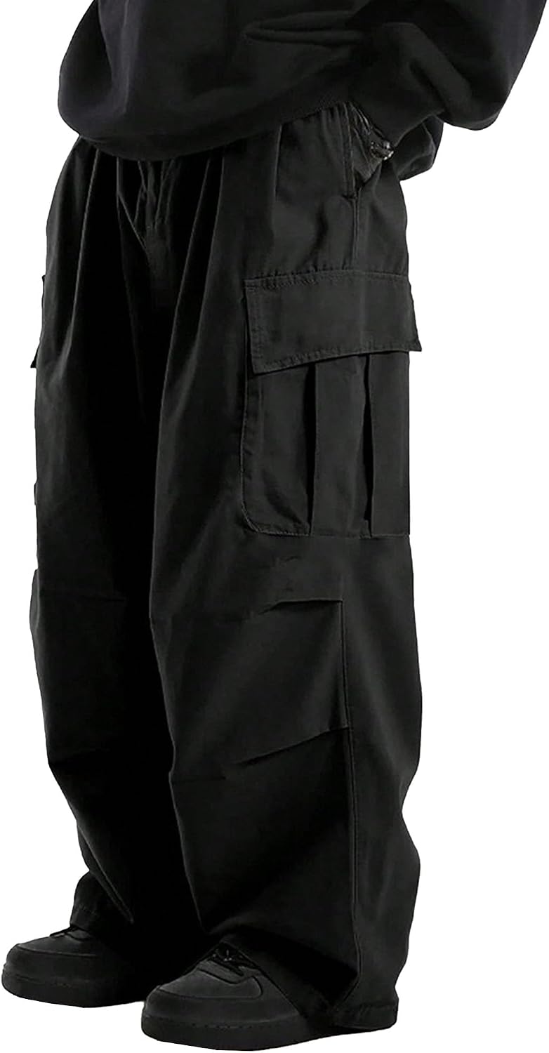 Men's Wide Leg Stylish Outdoor Cargo Pants Loose Fit Solid Military Pants Elastic Waist Hip Hop Trousers