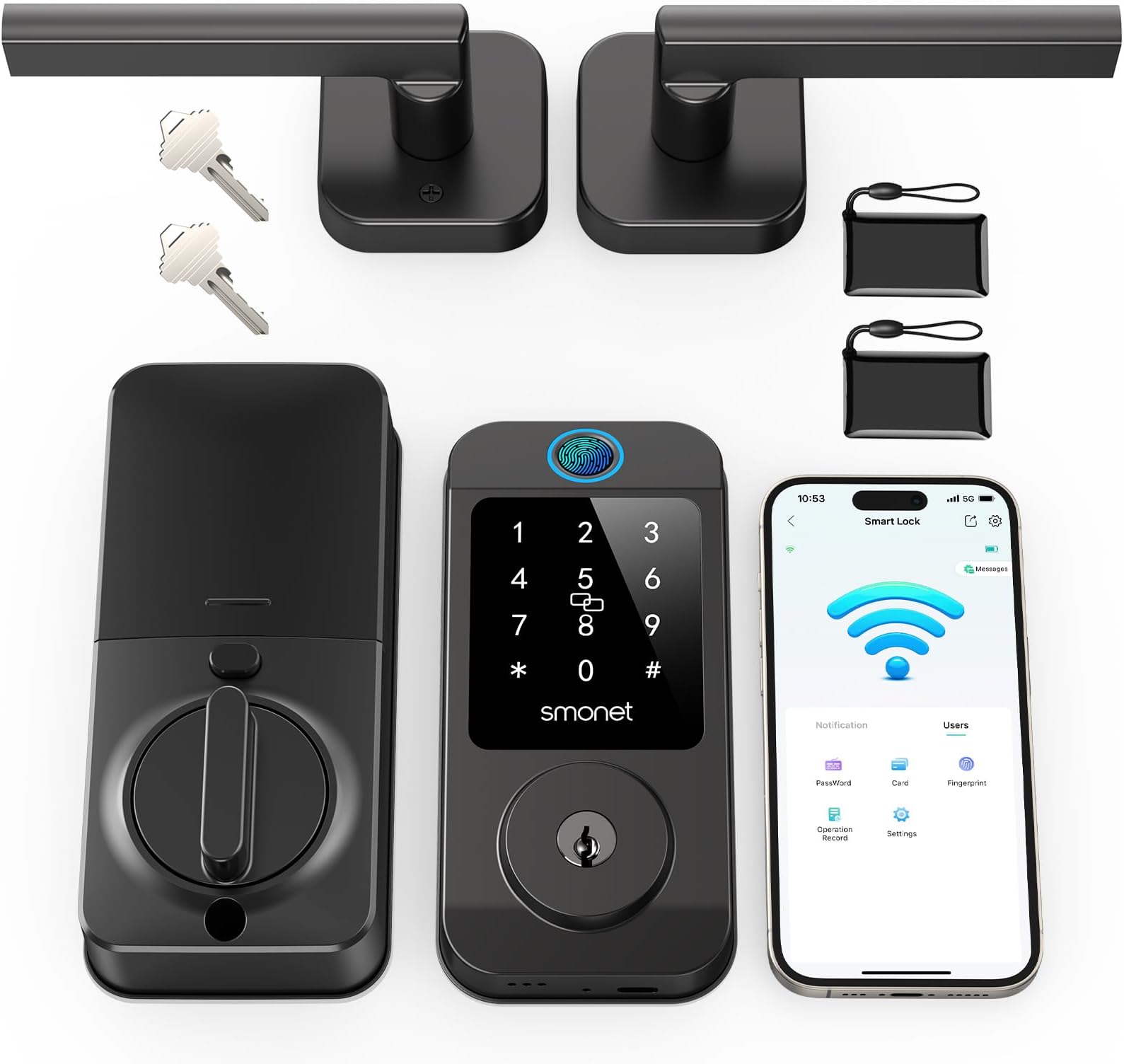 Keyless Door Lock with Handle Set - SMONET Built in WiFi Fingerprint Smart Locks for Front Door, App Remote Control, Digital Bluetooth Keypad Deadbolt Set with Alexa, Auto Lock,Fobs for Home Black
