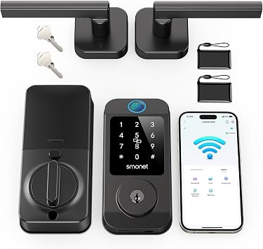 Keyless Door Lock with Handle Set - SMONET Built in WiFi Fingerprint Smart Locks for Front Door, App Remote Control, Digital Bluetooth Keypad Deadbolt Set with Alexa, Auto Lock,Fobs for Home Black