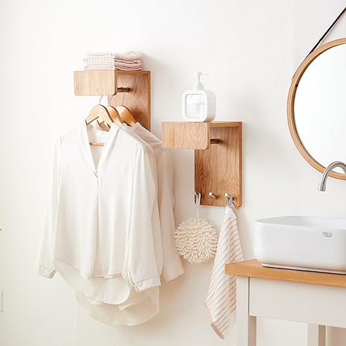 Miniatura 10 de Perchero de madera de roble con estante de 27.5 pulgadas de largo, estante de pared de entrada con 6 ganchos, estante flotante con ganchos de pared