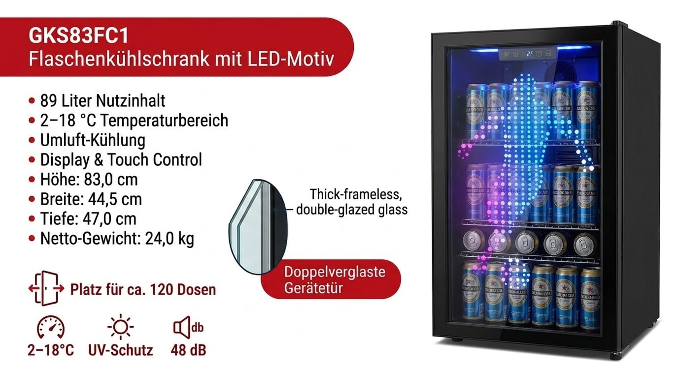 PKM GKS83FC1 Flaschenkühlschrank 89 Liter Display Touch Control Umluft-Kühlung blaue LED-Beleuchtung Schwarz