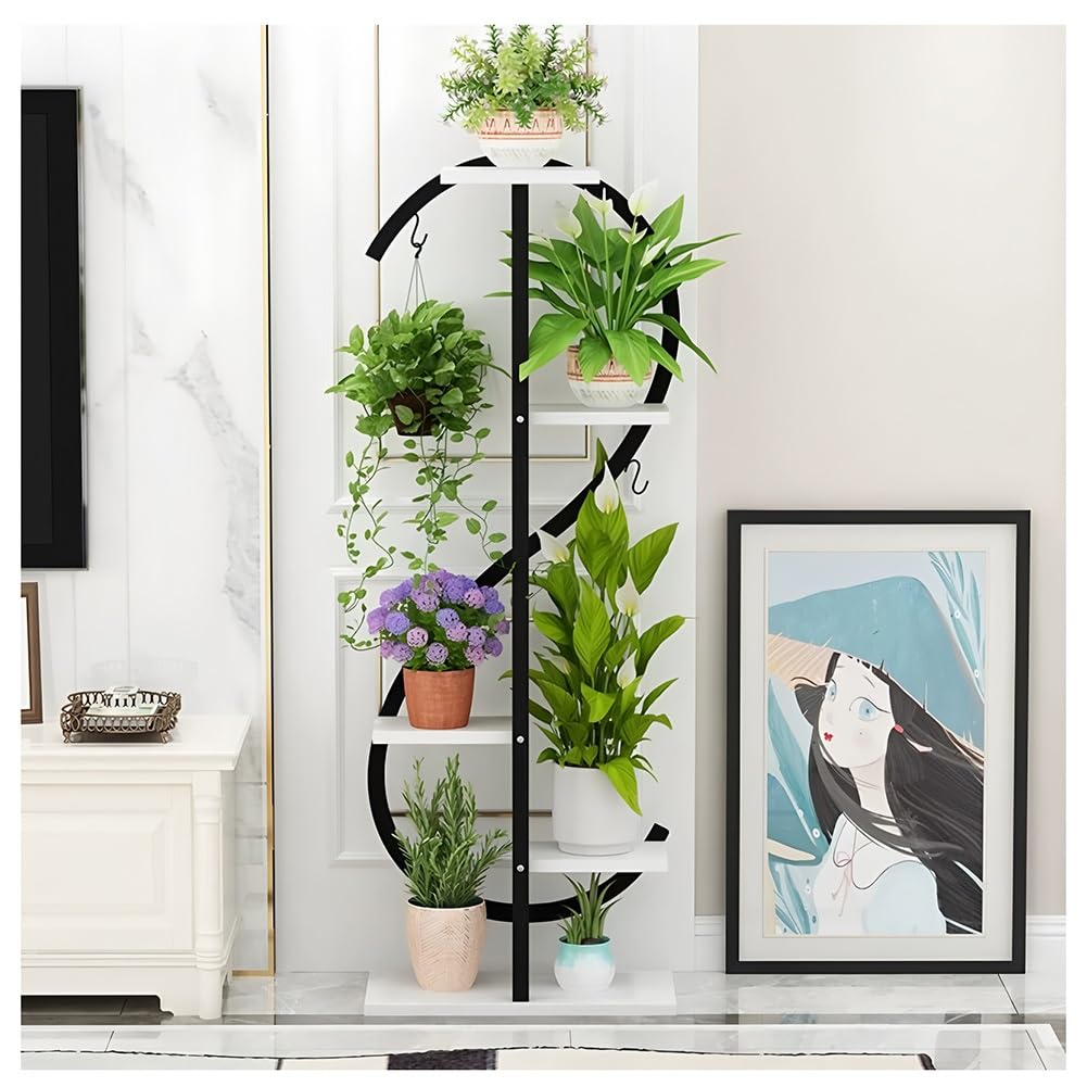 Support d'angle en métal à 5 niveaux avec plusieurs planches en bois et crochets, pour plantes en pot et suspendues, présentoir peu encombrant pour salon, terrasse, balcon, chambre à coucher