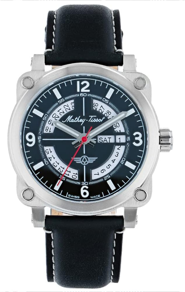 Mathey-Tissot Mens Pilot MTWG6001101 Swiss Quartz Watch, Black, 22mm, Mathey Tissot Pilot Collection 3-Hand Date Watch, Black, 22MM, Mathey Tissot Pilot Collection 3-Hand Date Watch