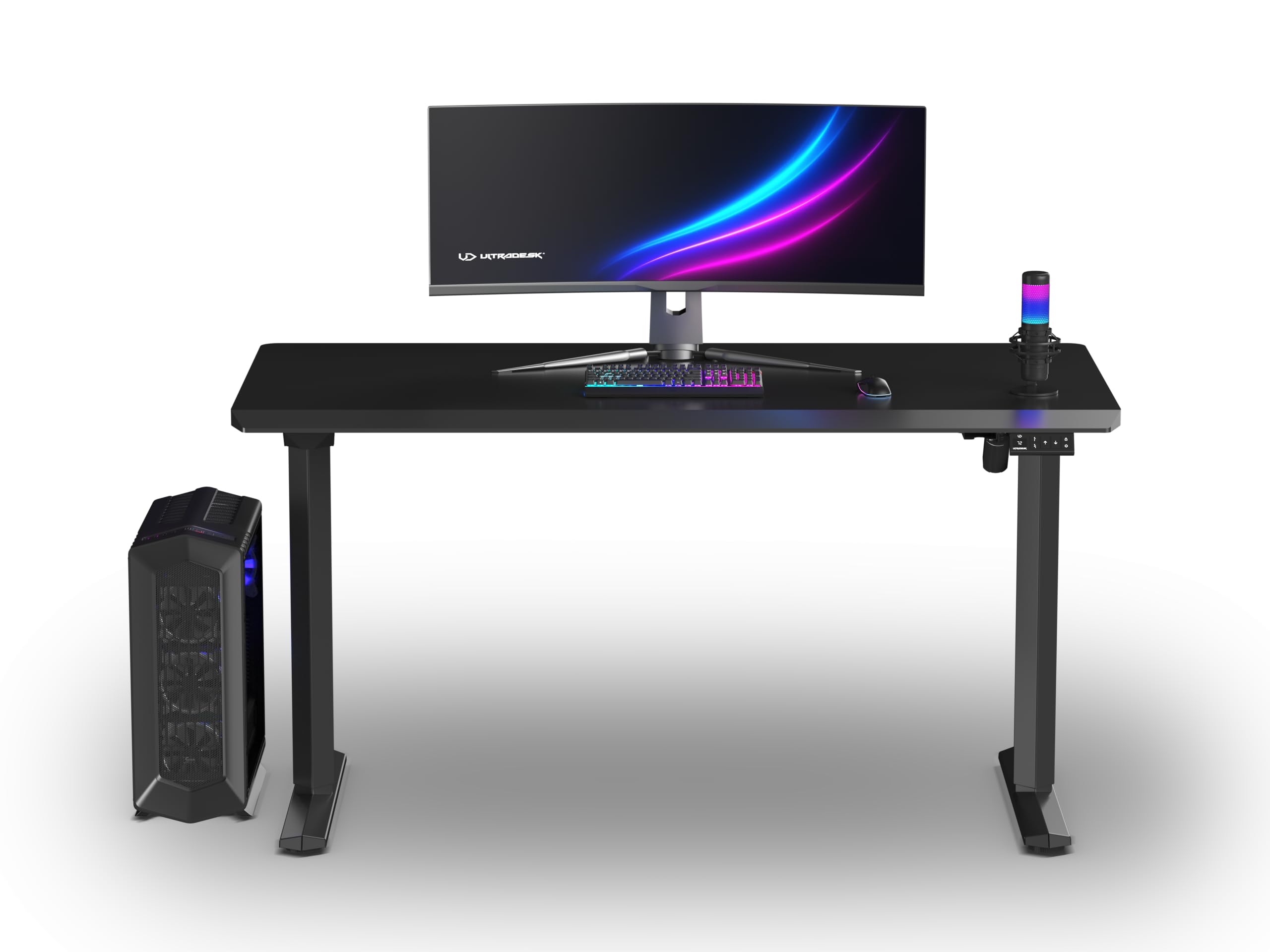 Ultradesk – Scrivania da Gaming Elettrica con Regolazione Seduta-in Piedi, LED RGB PRISMATIC, Mobile da Scrivania Ideale per Gamer, Setup Gaming - QUEST BLACK - L 140 cm, P 70 cm, H 72-120 cm - Nero