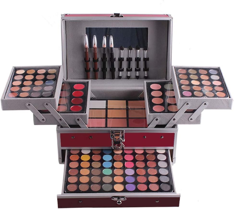 Make-upkoffer gevuld, 132 kleuren, alles in één make-upset, openkoffer, gevuld met make-up voor beginners of professionals, make-upset inclusief oogschaduw, lipgloss, rouge