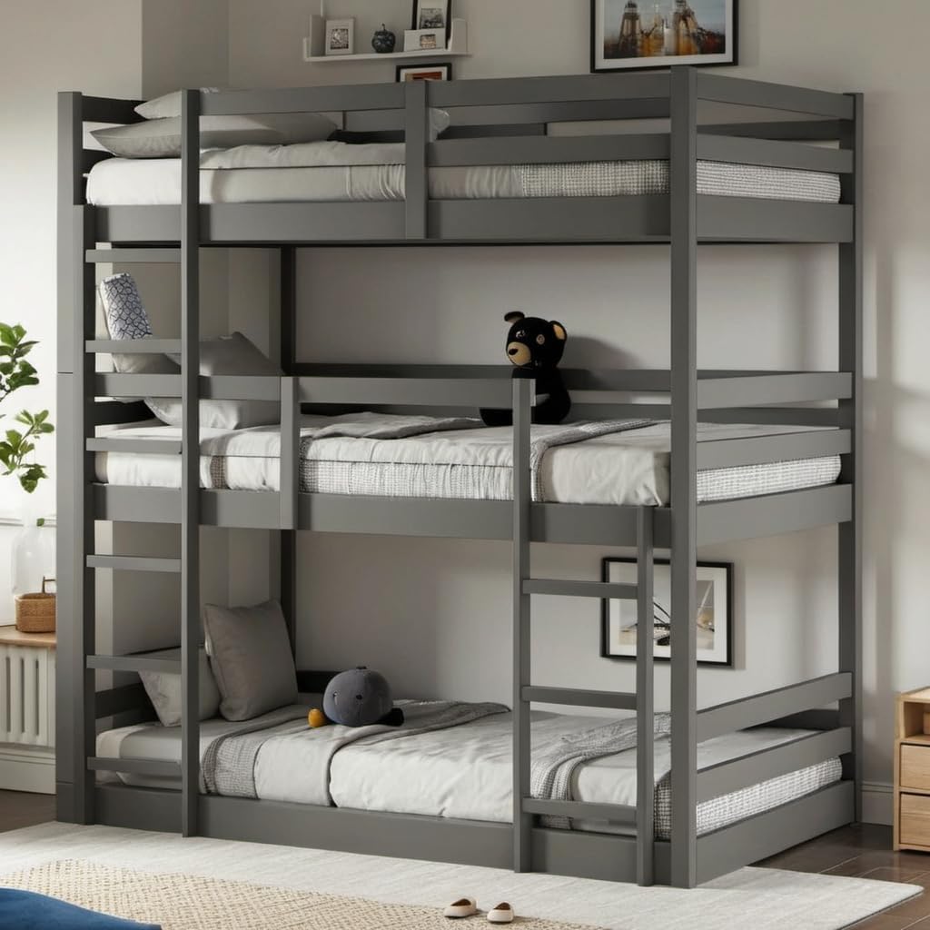 Amazon.com: PVWIIK Triple Bunk Bed with Built-in Ladders & Guardrails ...