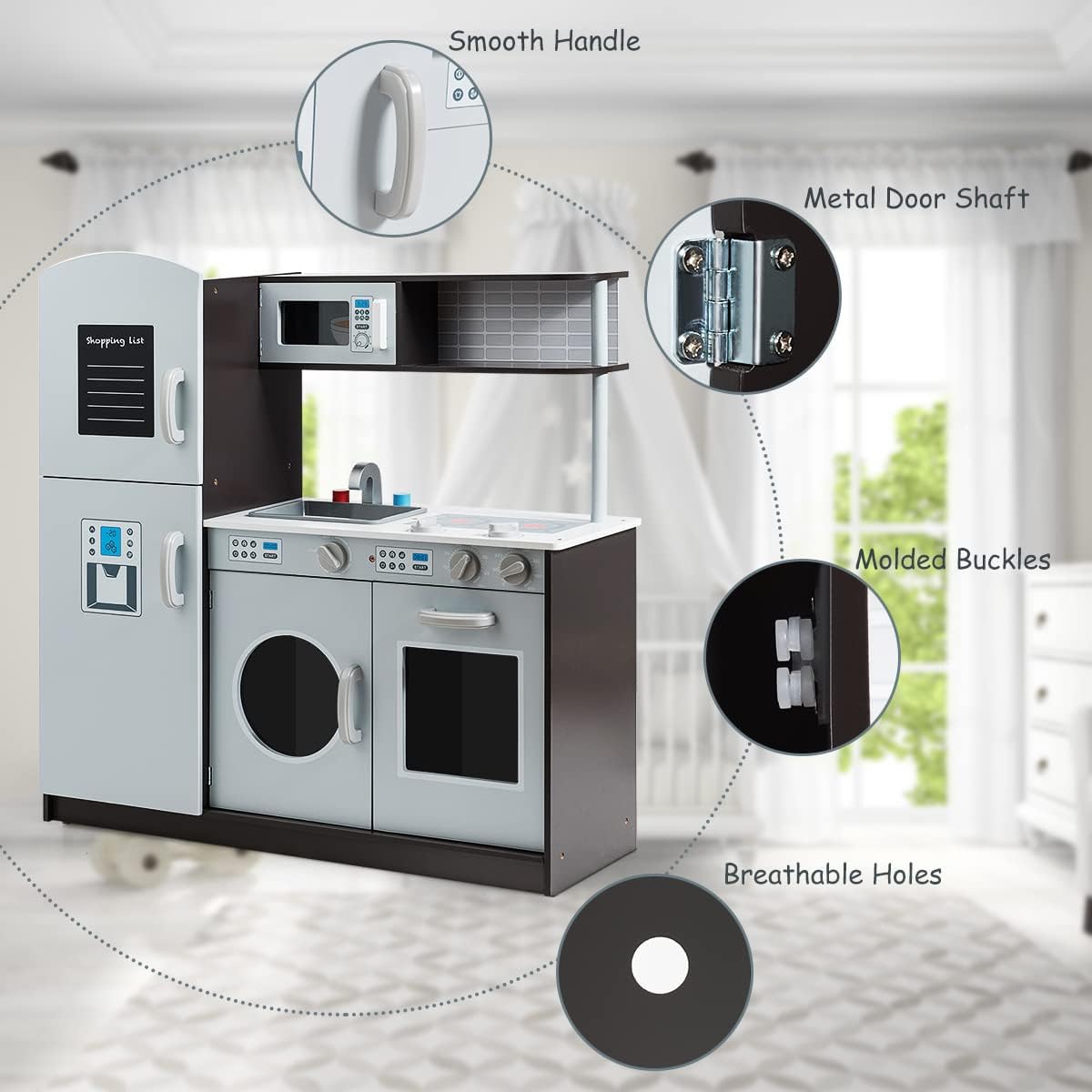GLACER Kids Kitchen Playset, Pretend Cooking Food Set w/Simulated Sound, Sink, Stove, Refrigerator, Oven, Washing Machine, Wooden Play Kitchen for Toddlers, Gift for Boys Girls (Grey)