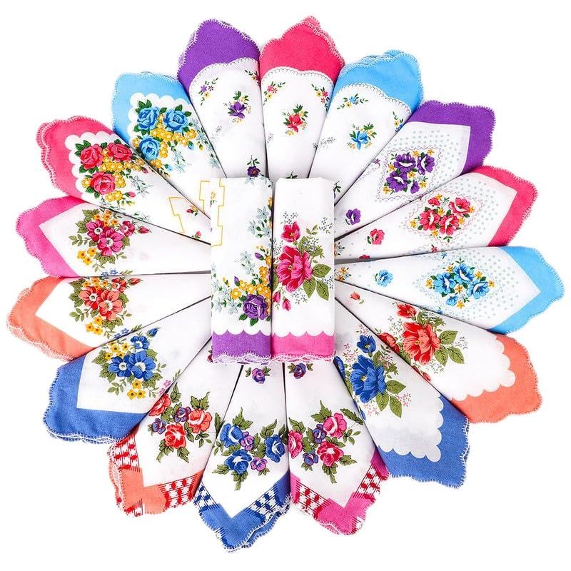 CLUZE Soft & Breathable Women's 100% Cotton Handkerchiefs - Gentle Soft & Absorbent Hankies for Girls - Stylish Durable & Washable Hanky with Flower Print (Multicolor) (Pack of 12)-image-48