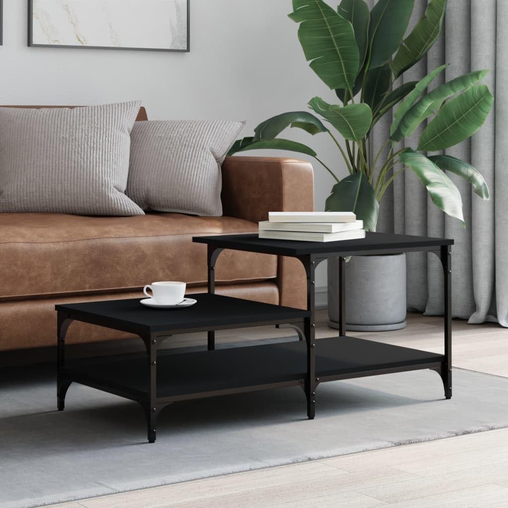 Mesa de centro negra 100 x 50,5 x 45 cm, moderna mesa de salón con 3 estantes y estructura de metal, mesa auxiliar de diseño industrial de madera, elegante mesa de sofá para salón