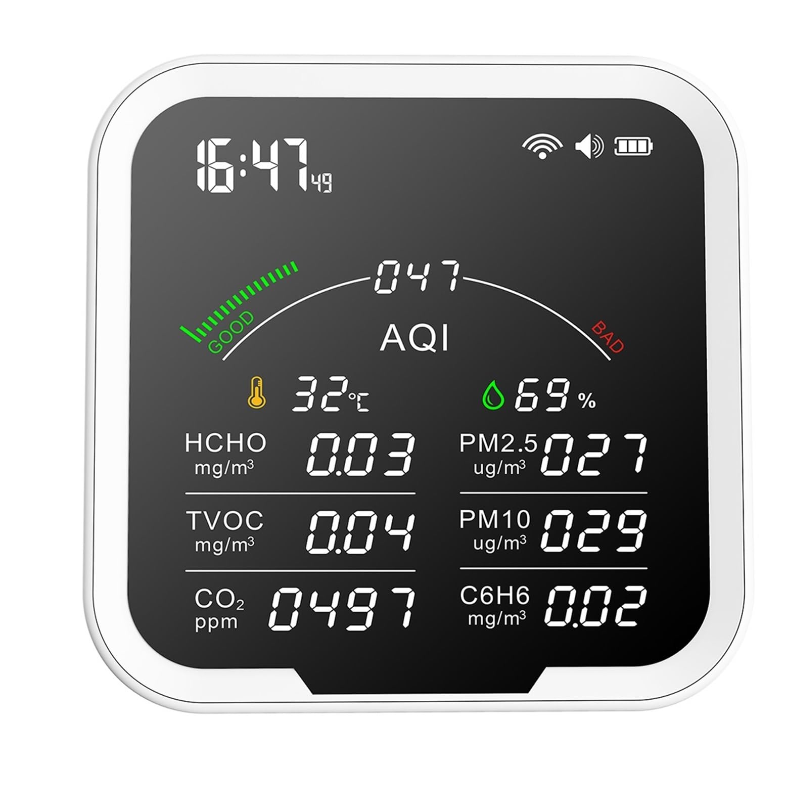 CVFRDD Portable Air Quality Meter HCHO/TVOC/CO2/PM2.5/PM10/AQI/C6H6 Temperature Humidity Tester 4.8Inch Screen Carbon Dioxide Detector
