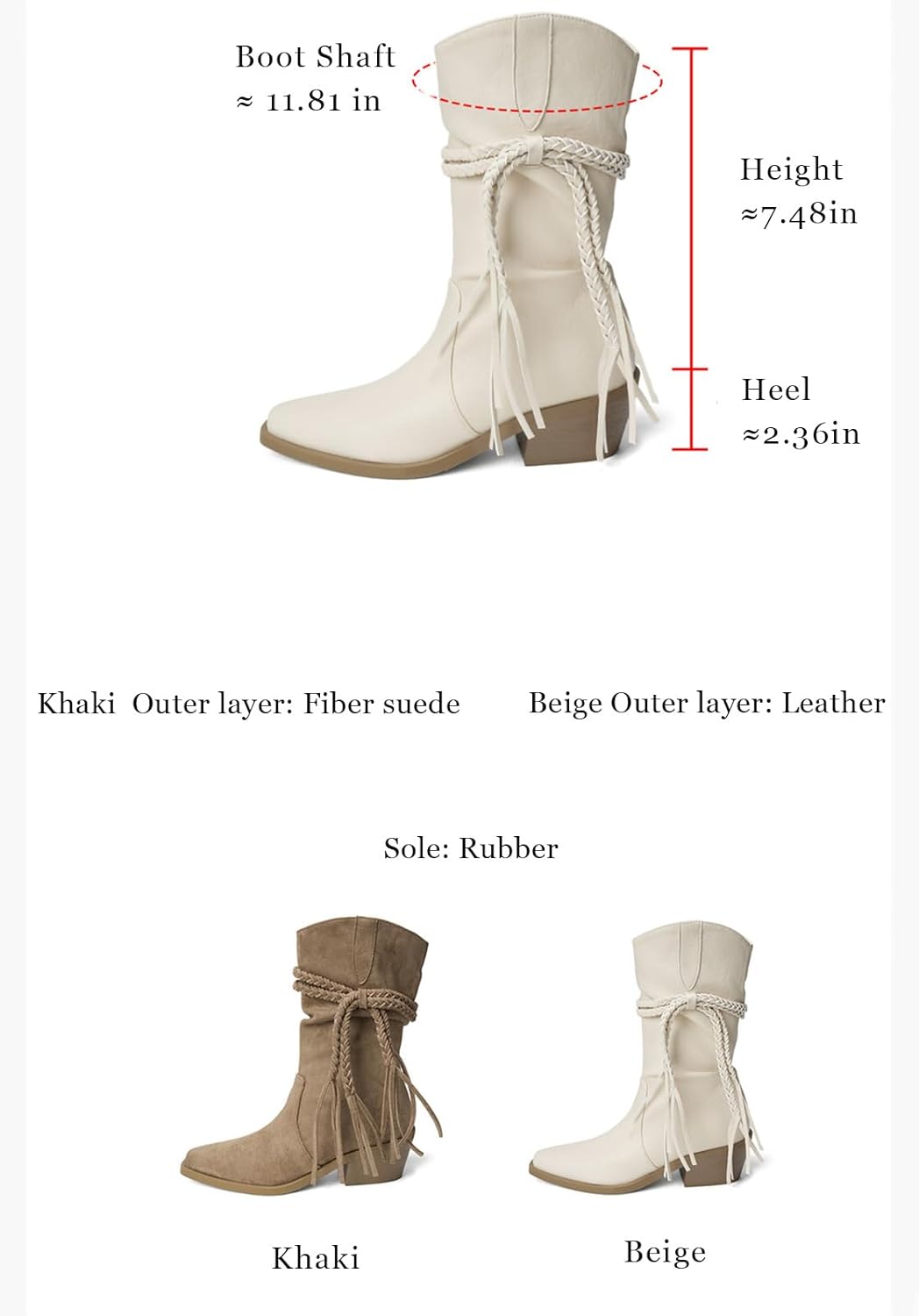 Mid Calf Cowboy Boots For Women Pointy Toe Suede Bohemian Western Boots with Low Chunky Heel & Woven Fringe