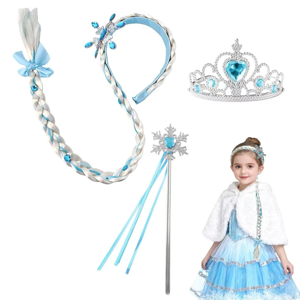 CBMZHF 3Pcs Princess Costume Wig,Snowflake Crown Headband Hairband Braided Ponytail Hair Extension for Girls Halloween Christmas Birthday Party Cosplay (Blue)