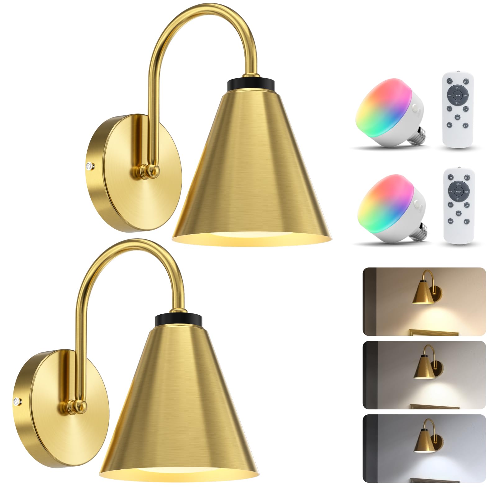 NIORSUN Battery Operated Wall Sconce Set of 2,Rechargeable Wall Lights with Remote Control 3 Color, Dimmable Cordless Wall Sconce,RGB Wall Lamps for Bedroom Living Bathroom Light Fixtures(Gold