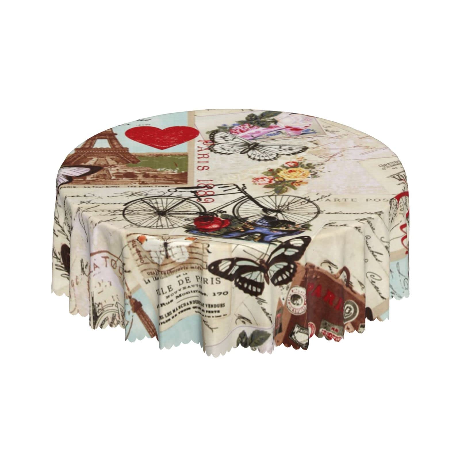 Lsjuee Paris Romance Vintage Collage Round Tablecloth 60 Inch Printed Washable Tablecloth for Dining Party Holiday Fall Home Decorative