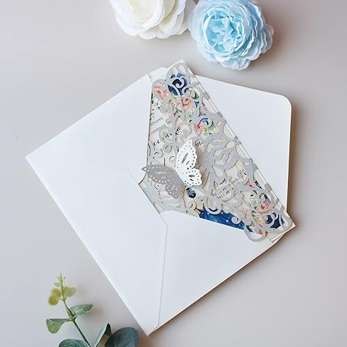 Miniatura 7 de KUCHYNEE 50 tarjetas de invitación de boda de 5 x 7.3 pulgadas, corte láser plateado, con mariposa y sobres para quinceañera, despedida de soltera,