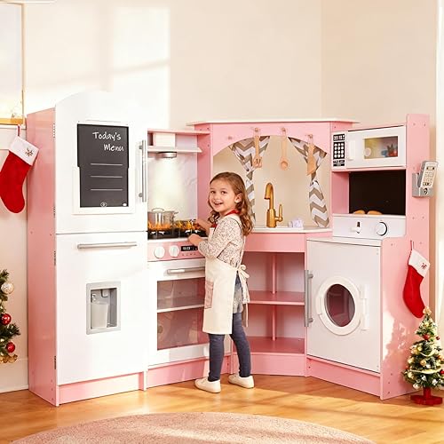 Juegos de cocina grandes de madera con máquina de hielo, dispensador de agua, panificadora, lavadora, pantalla electrónica, fregadero de juguetes