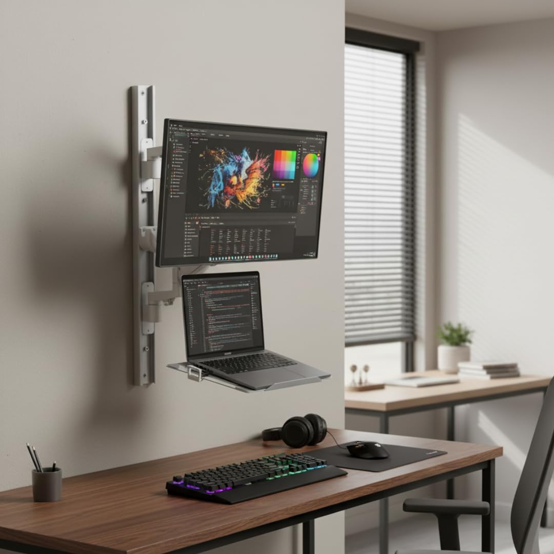 ZeboZap ZLTV8022 Wall Monitor Mount with Keyboard Tray | Fits 17 to 43 Inch | Single Monitor Wall Mount with Laptop Tray | Home Office, Bedside, Healthcare | White | 26.4 lbs