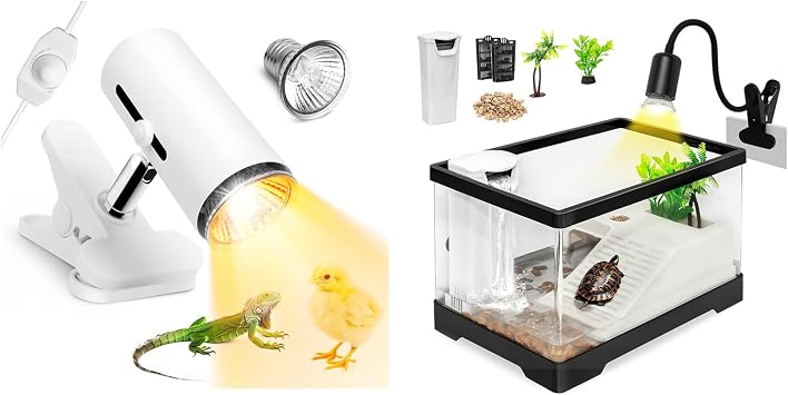 Large Turtle Tank Kit with Reptile Heat Lamp,All in One Red Eared Slider Aquarium,PC Aquatic for Baby Tortoise,Includes Silent Filter,Filter Plates,UVB Lamp,Bulb,Plants,Stone,Basking Platform