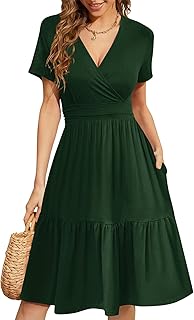 Women's Casual Summer Dress V Neck Short Sleeve Flowy Stretchy Comfort Fit for Daily Wear Work Midi Dresses