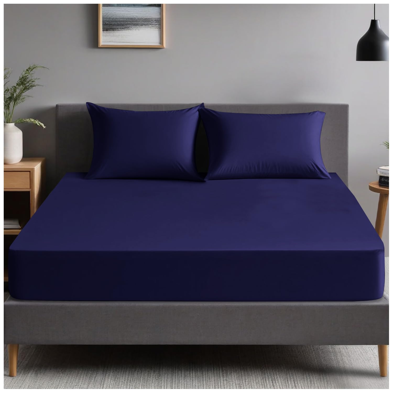GC GAVENO CAVAILIA | Plain Dyed Bedding Fitted Bedsheets - Soft & Comfy (137 x 193 Cm) Double Bed Sheet - Breathable Non Iron Percale Sheets - Navy | Double