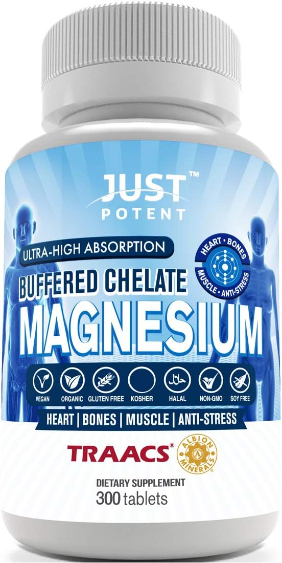 Just Potent Ultra-High Absorption Magnesium Chelate ◘ 100mg Tablets ◘ 300 Tablets ◘ Heart, Bones, Muscle, and Anti-Stress Supplement ◘ Organic, Vegan, and Gluten Free