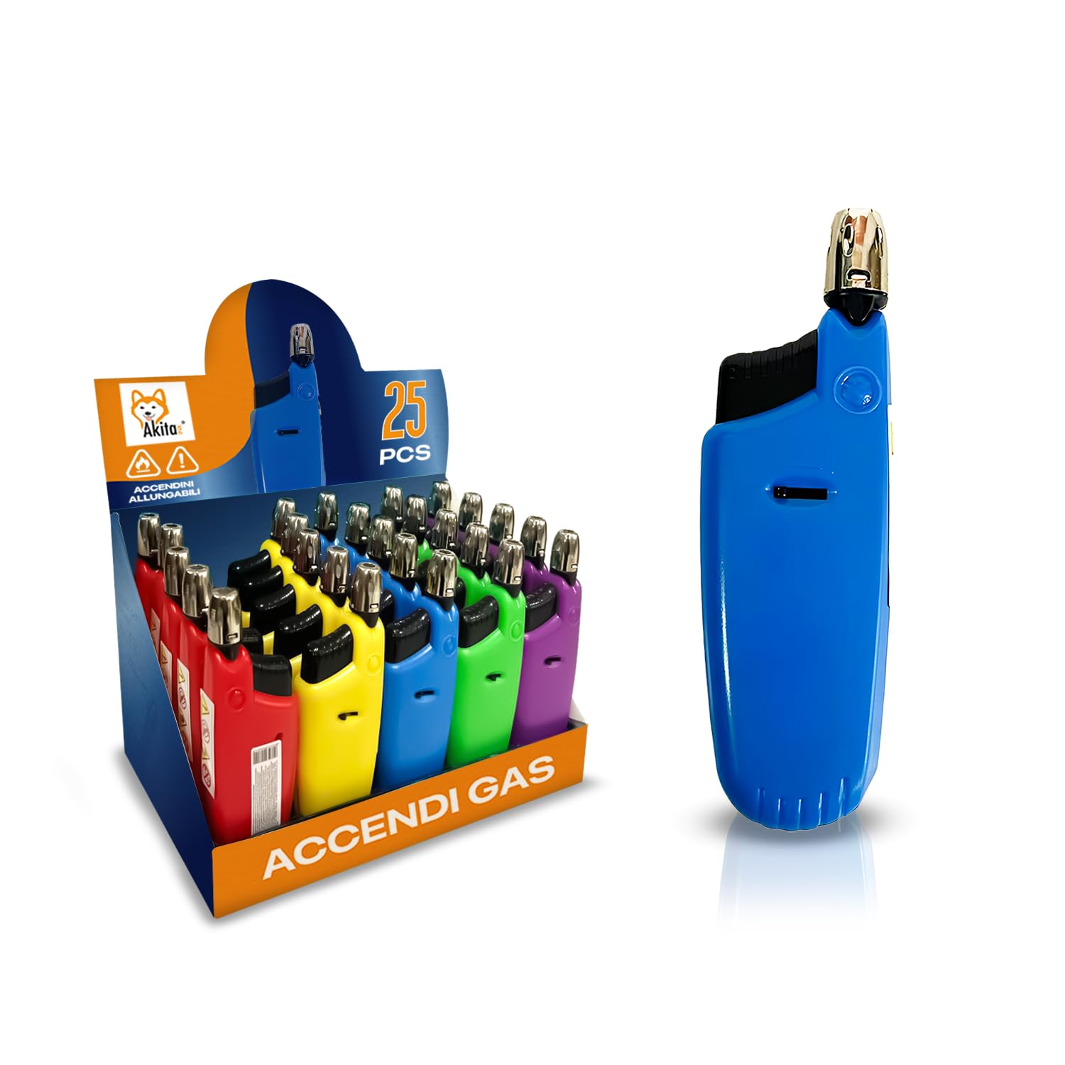 Akitaink Accendini Allungabili a Gas Ricaricabili, in Plastica con pistone allungabile - Colori assortiti, Accendino sicuro - Box da 25 Ricaricabile