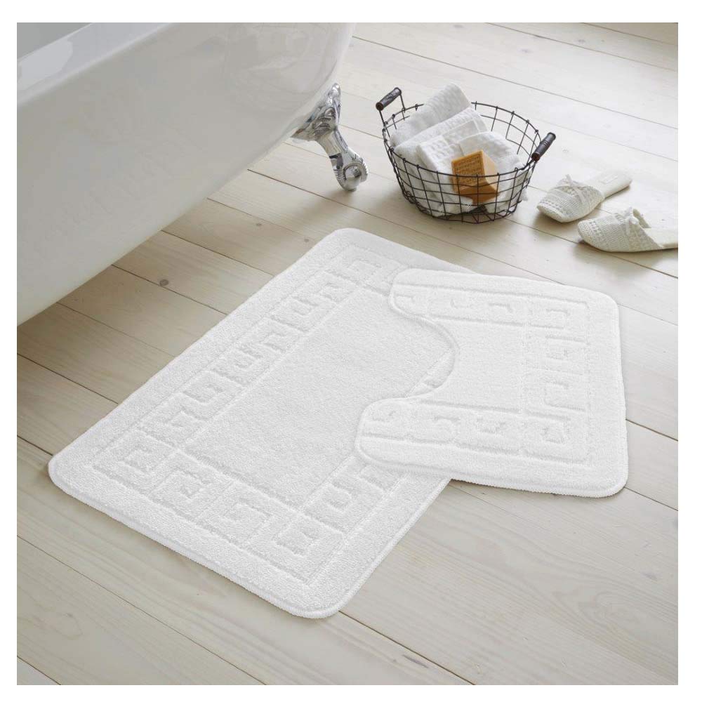 De Lavish Bath Mat Set 2 Piece Non Slip Rubber Pedestal and Bath Mat Set Toilet Greek Bathroom Rug New (White)
