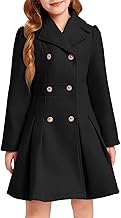 Haloumoning Girls Winter Dress Coat Button Peacoat Notch Lapel Double Breasted Outerwear with Pockets 5-14 Years