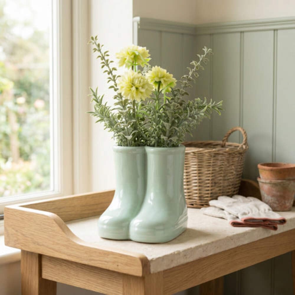 Candlelight Artificial Chrysanthemums In Ceramic Wellies Vase 20Cm