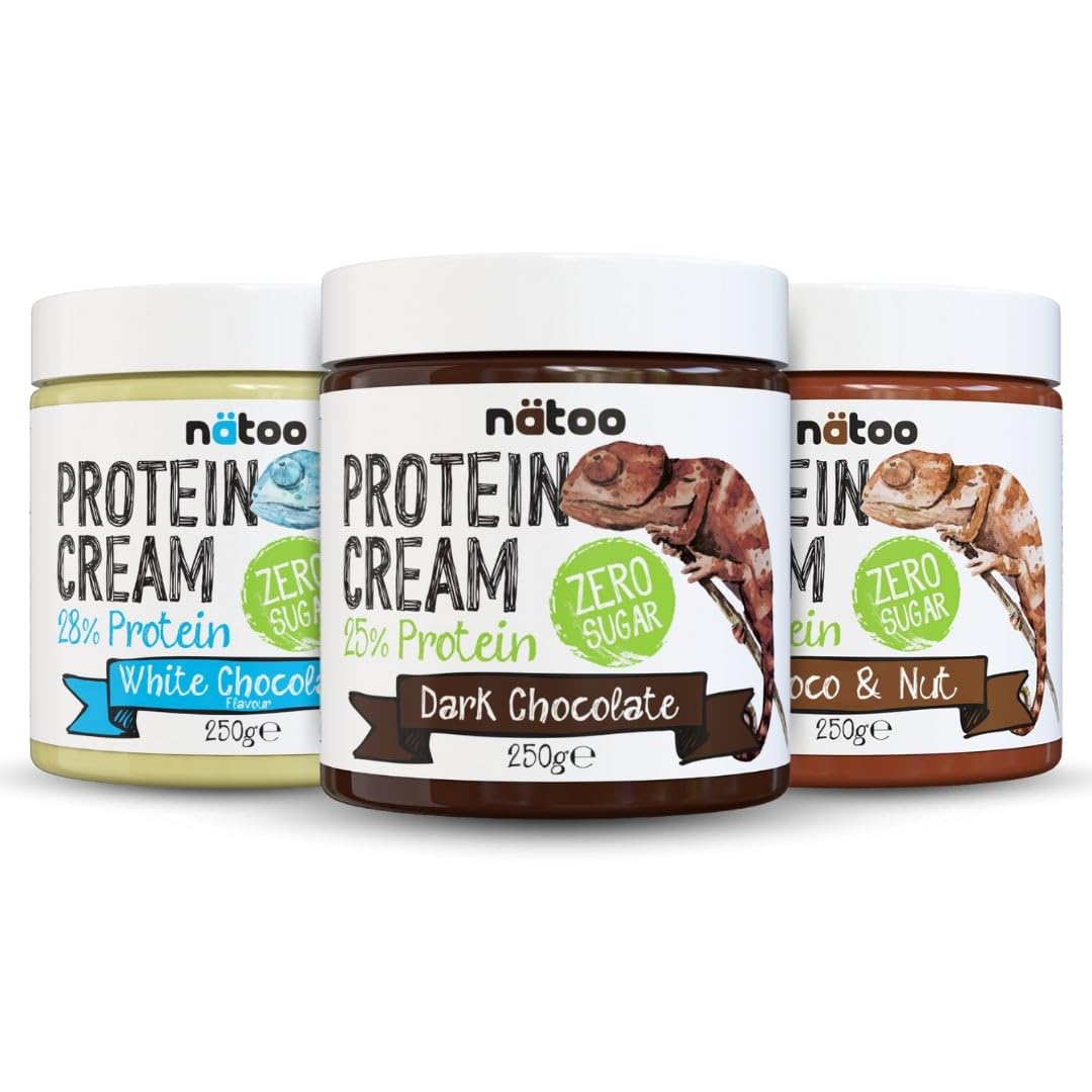 NÄTOO Crema Proteica senza Zucchero, 3x250g, 28% di Proteine, Keto Diet, Crema Spalmabile Senza Zucchero, Ideali come Dieta Chetogenica Prodotti, Cioccolato Fondente, Bianco e Nocciola