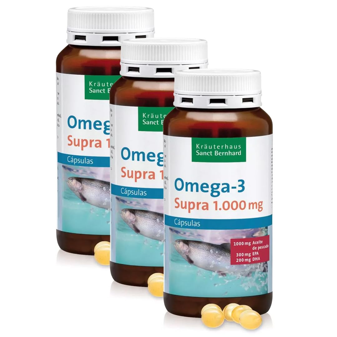Omega-3 Supra-1000mg - 3x 120 Cápsulas | Omega 3 EPA, DHA con ácido fólico y vitaminas B1, B6, B12 y E | para hasta 9 meses