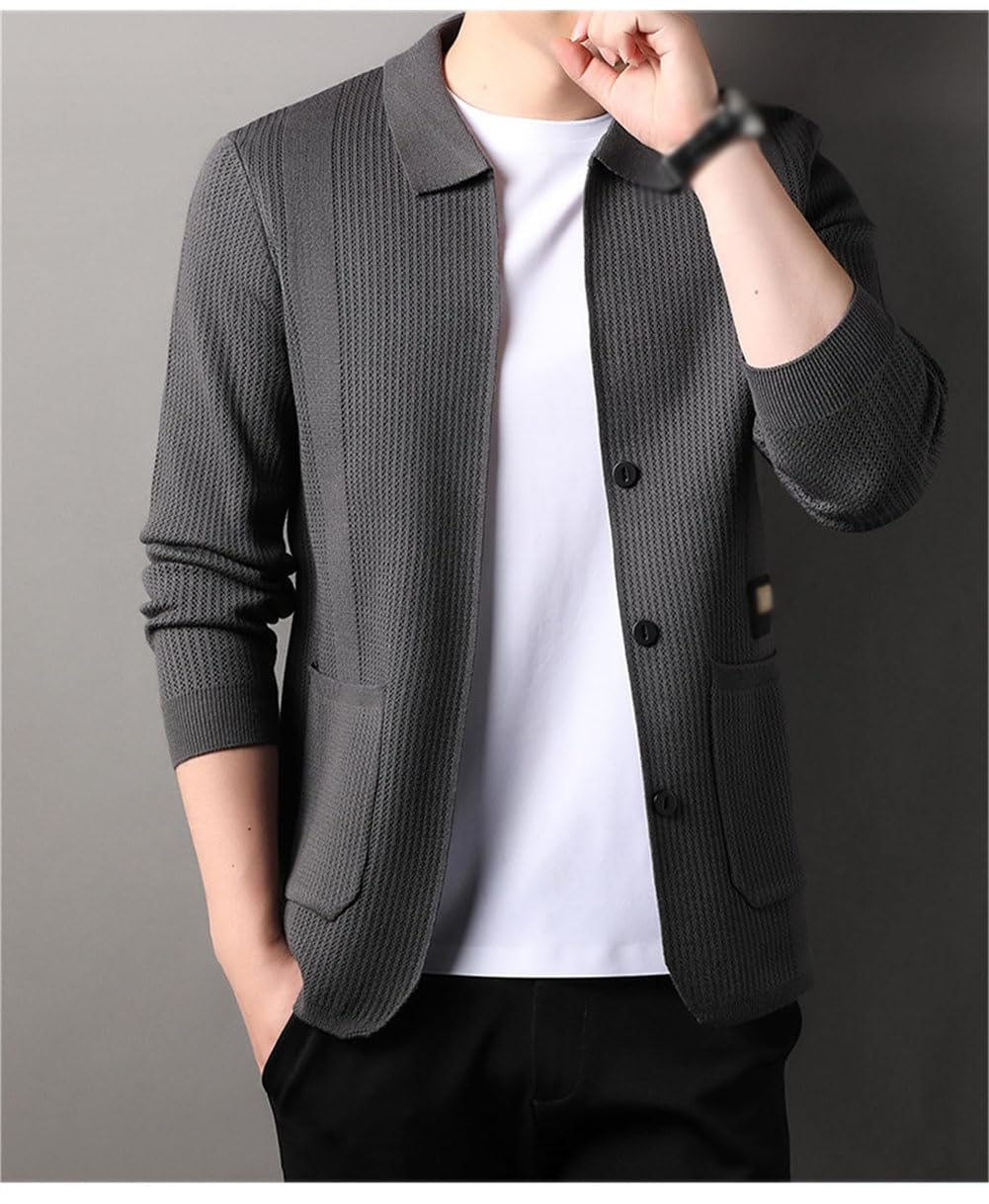 Men's Lapel Knitted Long Sleeve Coat, Casual Thin Long Sleeve Jacket, with Pockets Long Sleeve Coat (Brown,L)