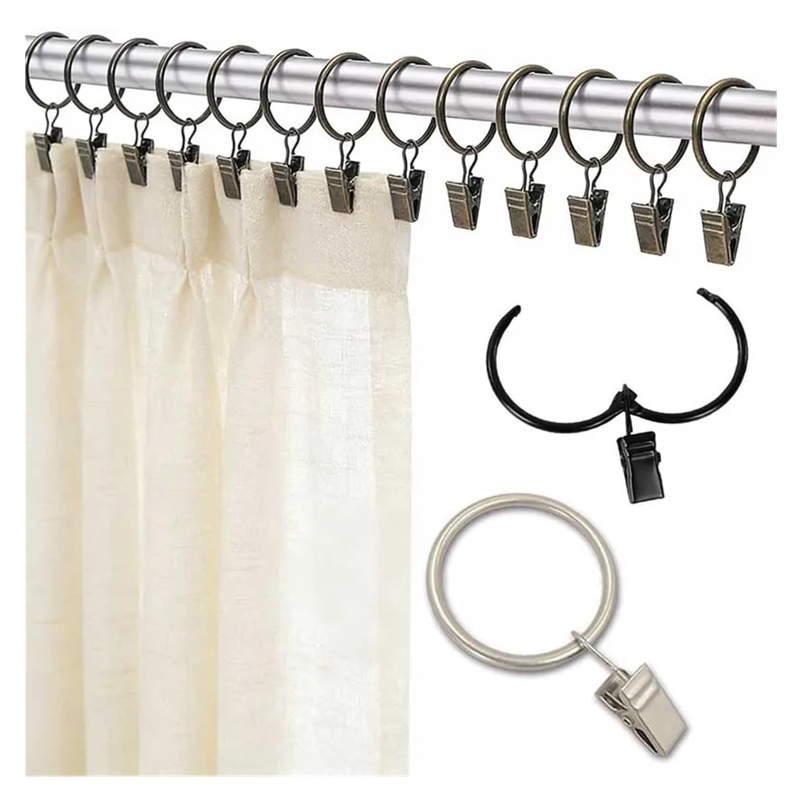 Gardinenringe Vorhangringe mit Clips, Metallvorhanghaken, Kleiderbügel, Clips mit Ringen, Vorhangzubehör(Silver,20Pcs)
