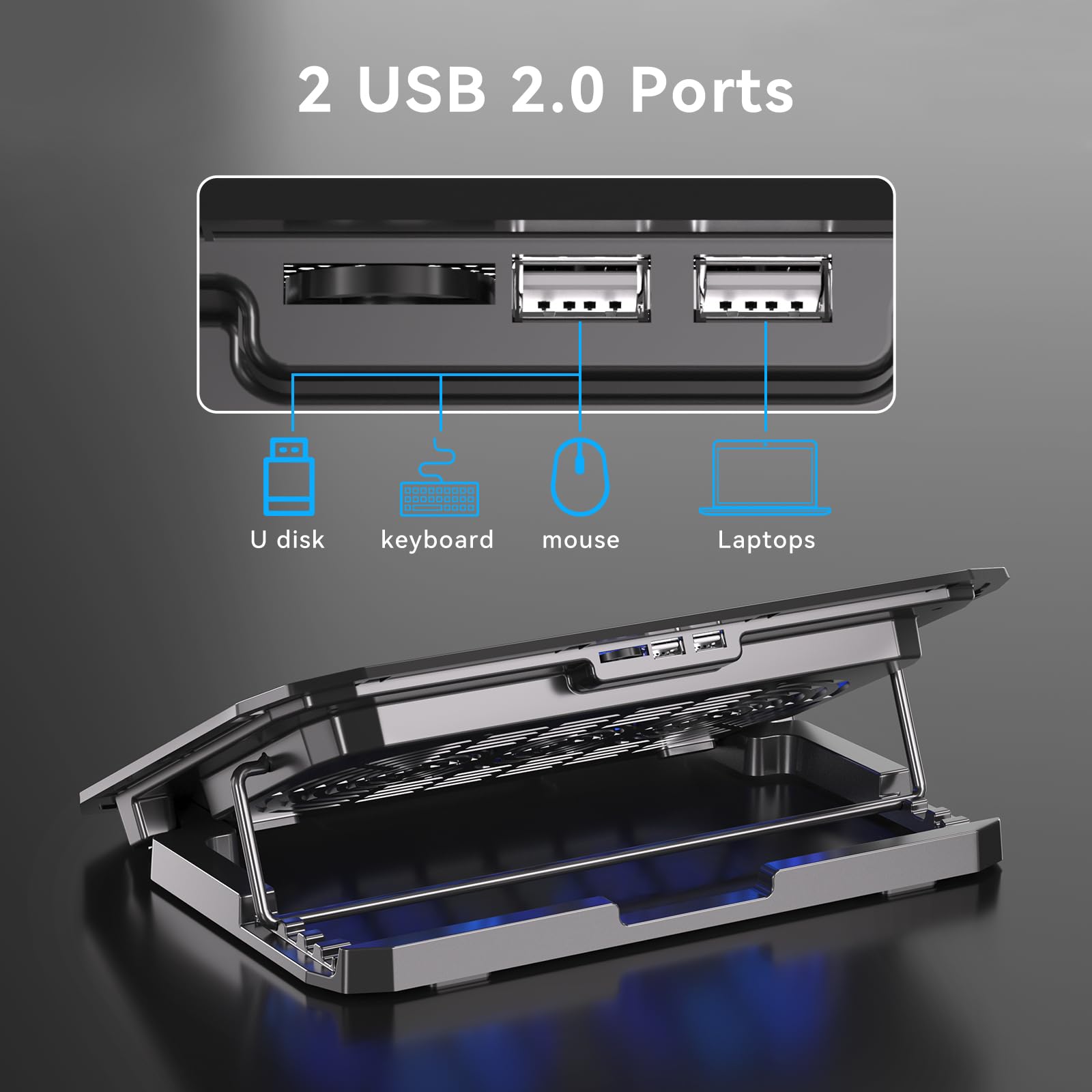 KYOLLY Ultra Slim Laptop Cooling Pad für 10-15,6 Zoll Laptops, Tragbarer Notebook Kühler mit 2 Leisen Big Fans, Gaming Laptop Lüfter Windgeschwindigkeit Einstellbar, 5 Höhenverstellung, 2 USB Port