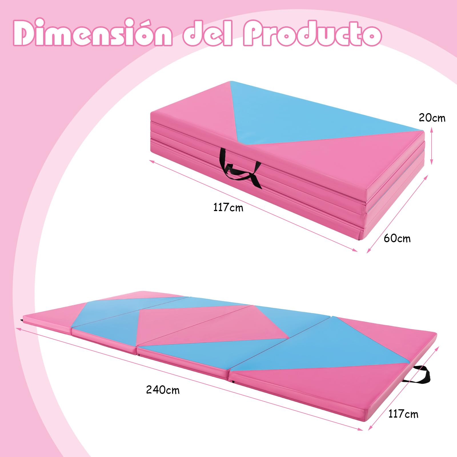 GOPLUS Colchoneta de Gimnasia Plegable, 240x117x5cm, Esterilla de Entrenamiento de Cuero Artificial con Asas de Transporte, Alfombra de Suelo para Fitness Yoga (Azul+ Rosa)