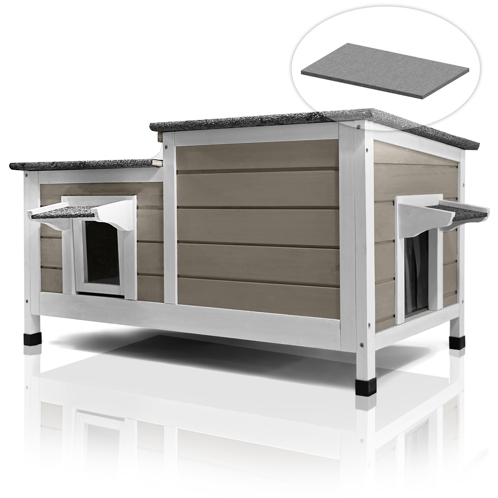 Ochtapas Insulated Outdoor Cat House | Weatherproof Wooden Shelter for Feral Cats | Escape Door & Open Roof Design