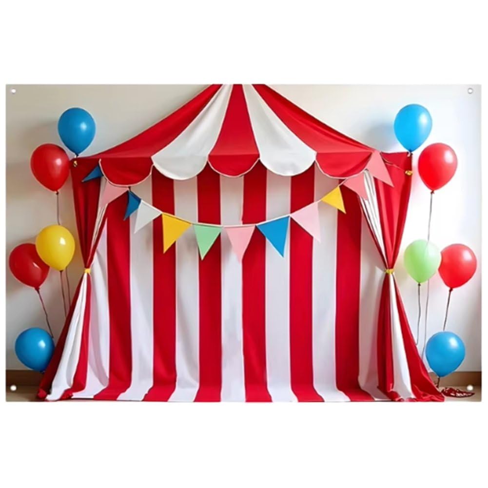 Ppmter Red + White Carnival Circus Backdrop Stripes Tent Balloon Flag Backdrop Party Decoration Banner Carnival Circus Theme Party Photography Backdrop