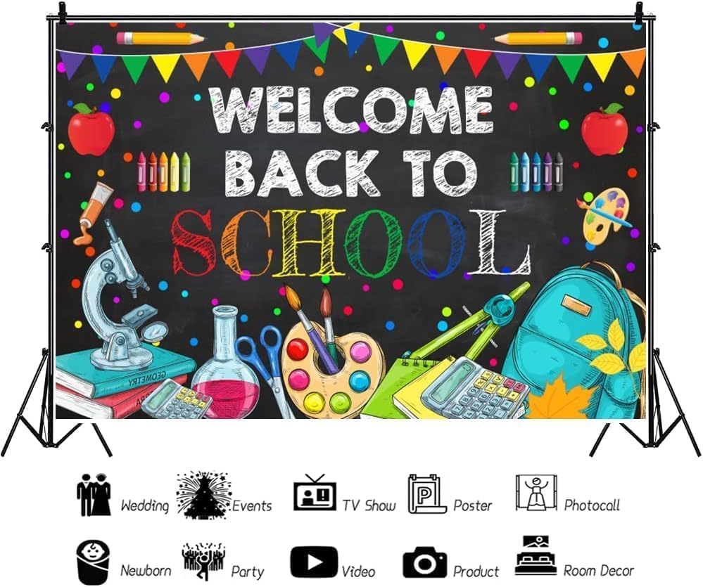 Miniatura 3 de Canessioa Telón de fondo colorido de bienvenida de vuelta a la escuela, pizarra para el aula, pizarra, telón de fondo de escritura con tiza, lápiz,