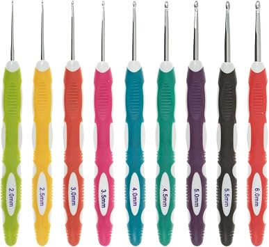 Milward Crochet Hook Set - Soft Grip Colour Coded Handles 2,2.5,3,3.5,4,4.5,5,5.5 and 6mm, 100% Cotton Hard Zippered Case, Grey