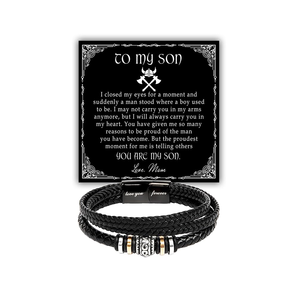 To My Son Leather Bracelet, Son Gifts From Mom And Dad, Bracelets For Sons From Father Mother, Gift For My Sons Christmas, Graduation Birthday With Message Card And Gift Box