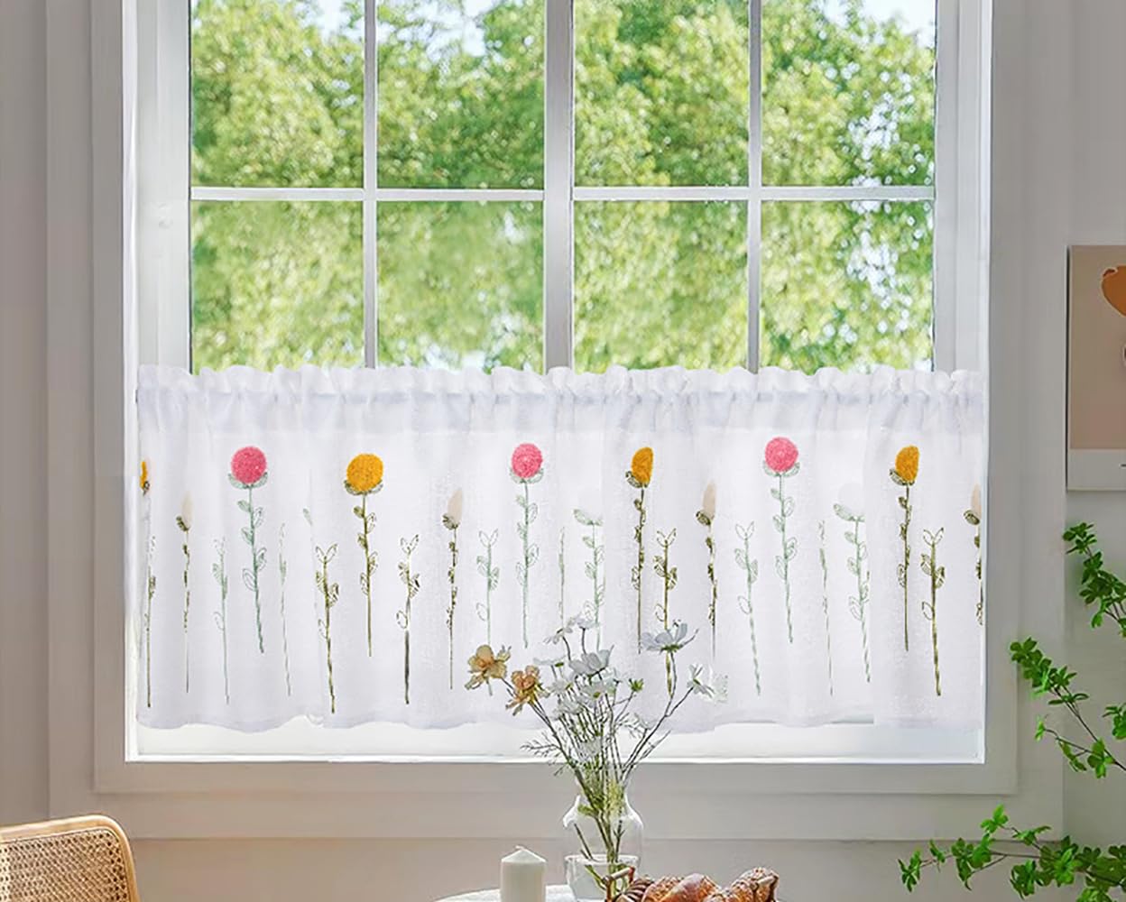 MolaxhomeEmbroidery Pastoral Style Short Curtain,Floral Kitchen Window Valance,Cafe Curtain Refreshing Valance (52W x 18L, White)