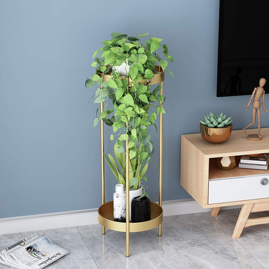 Metal Flower Pot Stand 2 Tiers Garden Patio Plant Rack Balcony Living Room Iron Display Shelf Garden Patio Standing Holder - Gold(L)