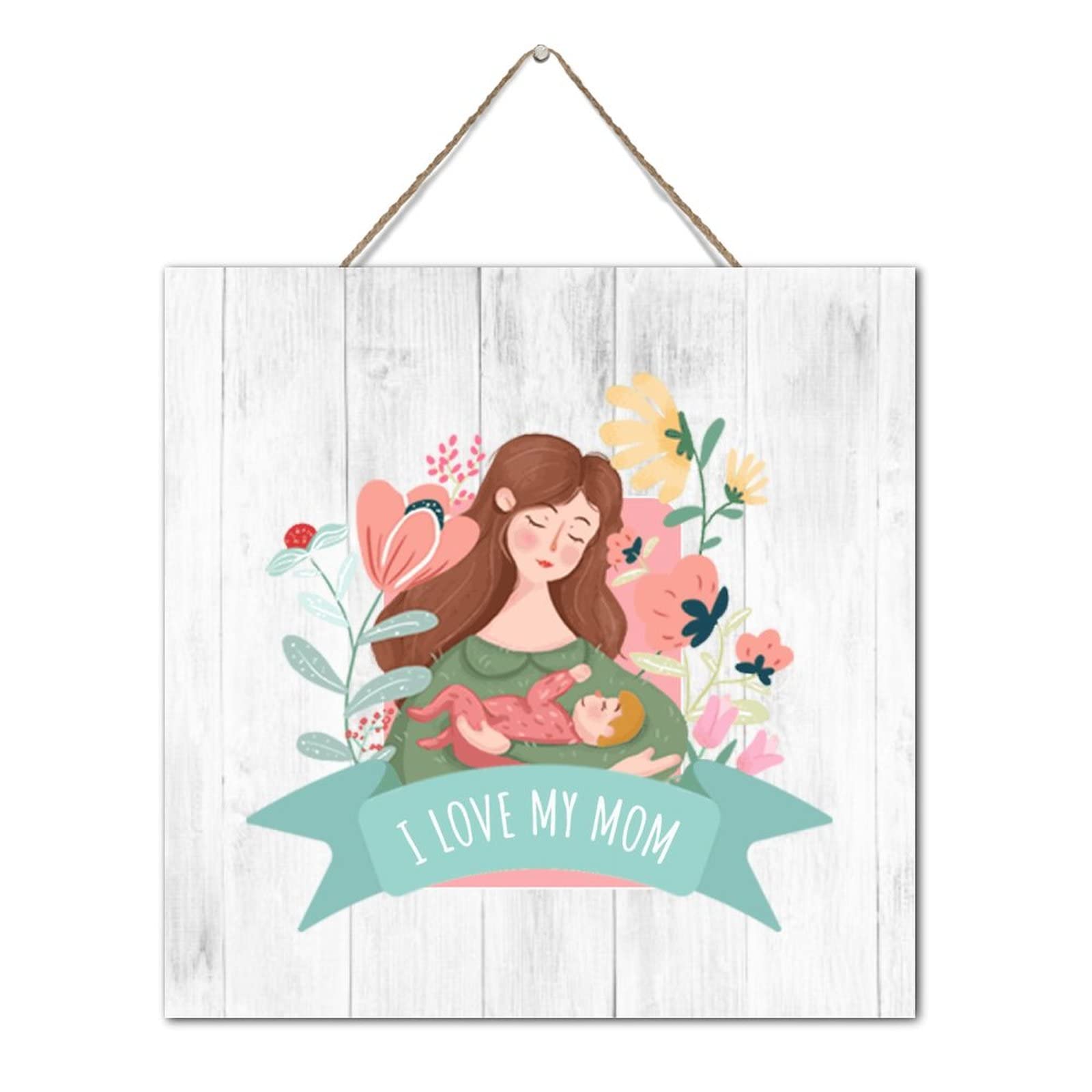 Panneau mural en bois I Love My Mom de style ferme pour decoration de chambre 30x30 cm