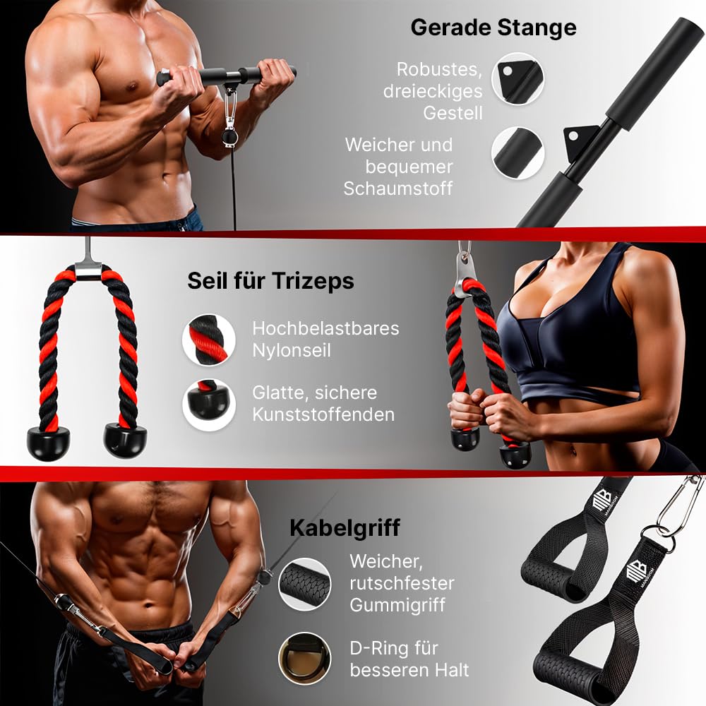 ManiBoom Kabelzug Fitness Set (204 kg) - Seilzug Fitness System mit 2-in-1 Stange, Trizepsseil und Griffen für Home Gym
