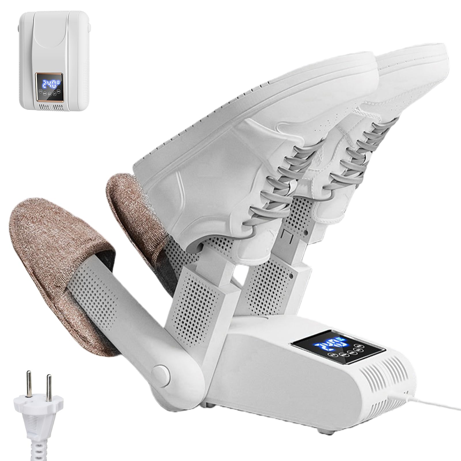 Sèche Chaussures Électrique, Sèche-Bottes et Chauffe-Chaussures Pliable avec Minuterie Intelligente, Désodorisation Ozone + UV, pour Chaussure de Ski, Bottes, Gants, Chapeaux et Chaussettes (Blanc)