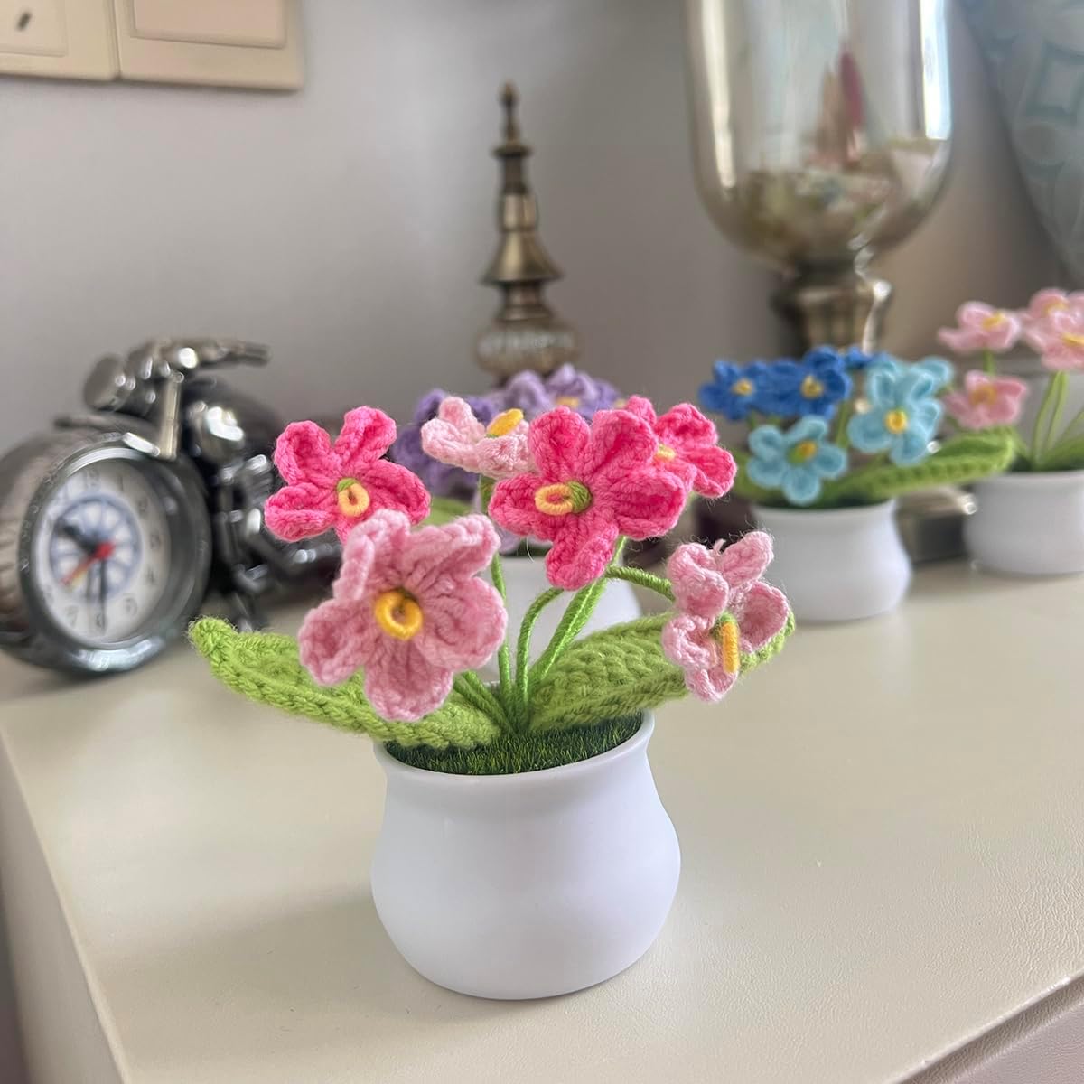 Handmade Crochet Forget-Me-Not Artificial Flowers - No Maintenance Potted Plants for Home Decor, Wedding & Birthday Gifts (Gradient Pink) - Image 6