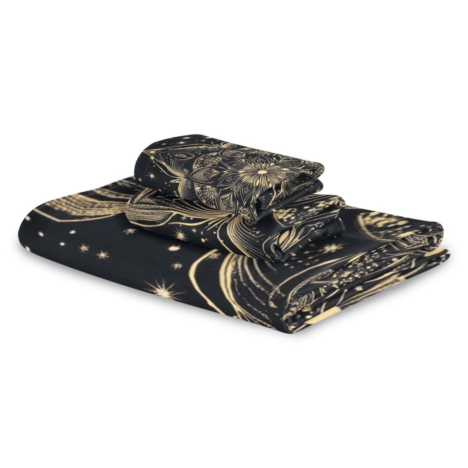 Schwarz-goldenes Mandala-Gesichtshandtuch-Set, schnelltrocknend, 3-teilig, 1 Badetuch, 1 Handtuch, 1 Waschlappen für Zuhause, Küche, Familie