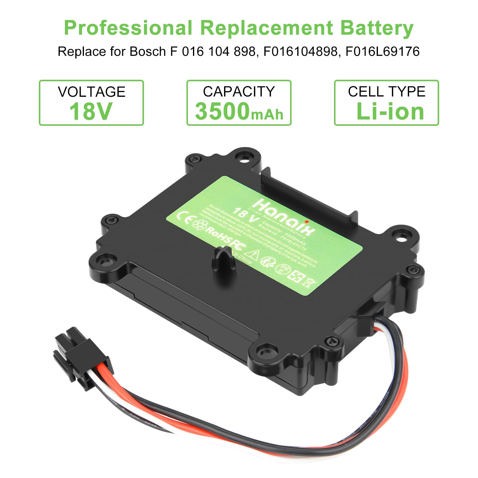 Hanaix 3.5Ah 18V Max Li-ion Replacement Battery for Bosch Indego 350, 400, M 700, M+ 700, S+ 350, S+ 400 Lawn Robot Lawn Mower