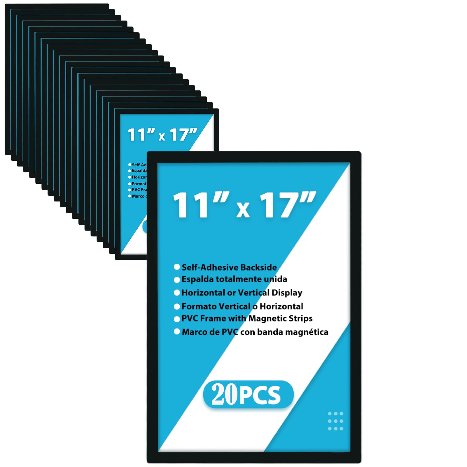 JIUYE 20 soportes magnéticos para pósteres, parte trasera autoadhesiva, soporte magnético para carteles de 11 x 17 pulgadas, marcos de exhibición de póster de pared de ventana para oficina, tienda